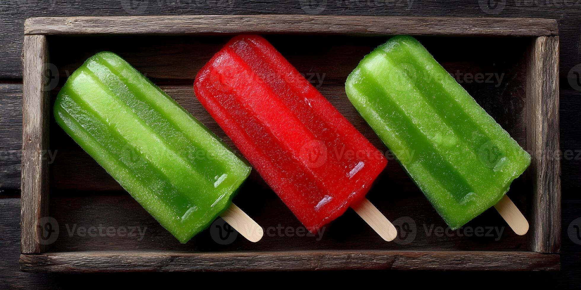 Three Popsicles in Wooden Box Red Green Ice Cream Summer Treats photo