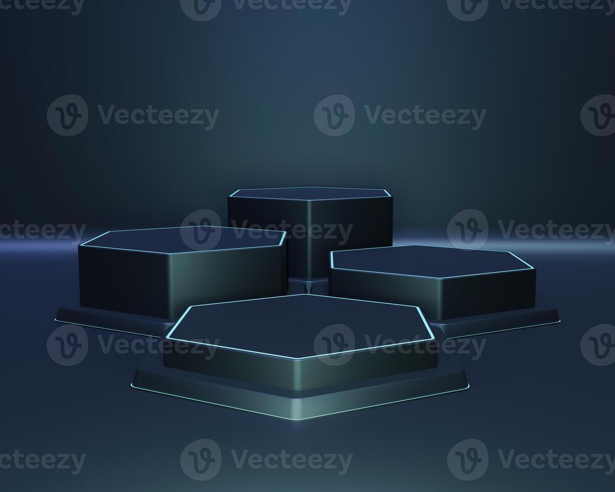 Dark night blue background. Podium empty space for display product, award and Other. 3D rendering photo