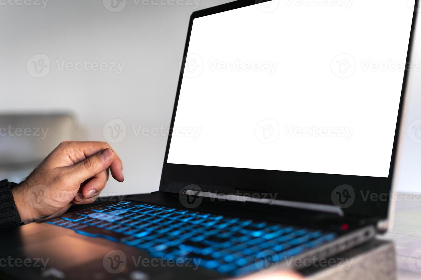 Computer screen mockup for advertising, man working on a laptop, marketing and creative design photo