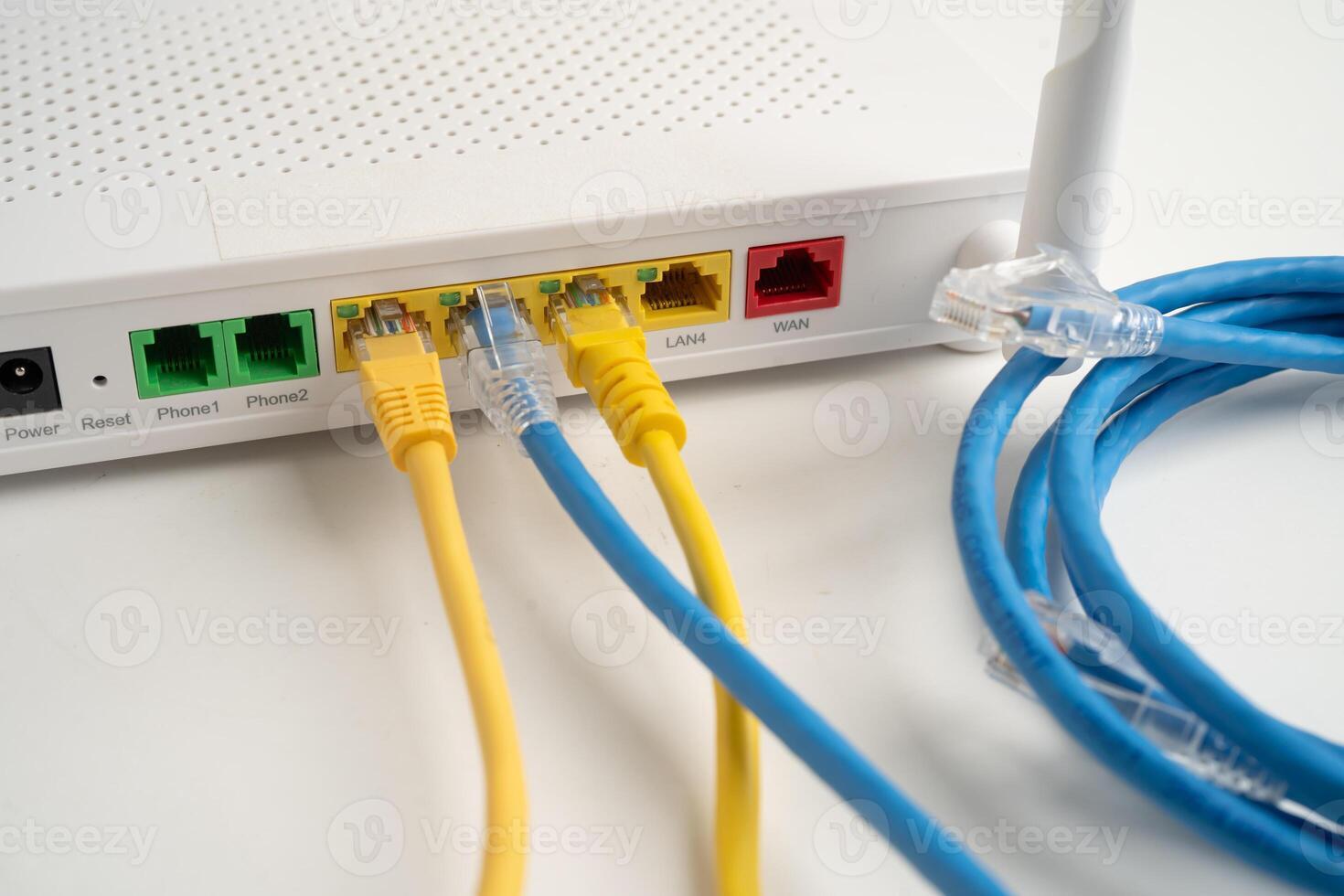 Ethernet cable wireless router connect to internet service provider network. photo