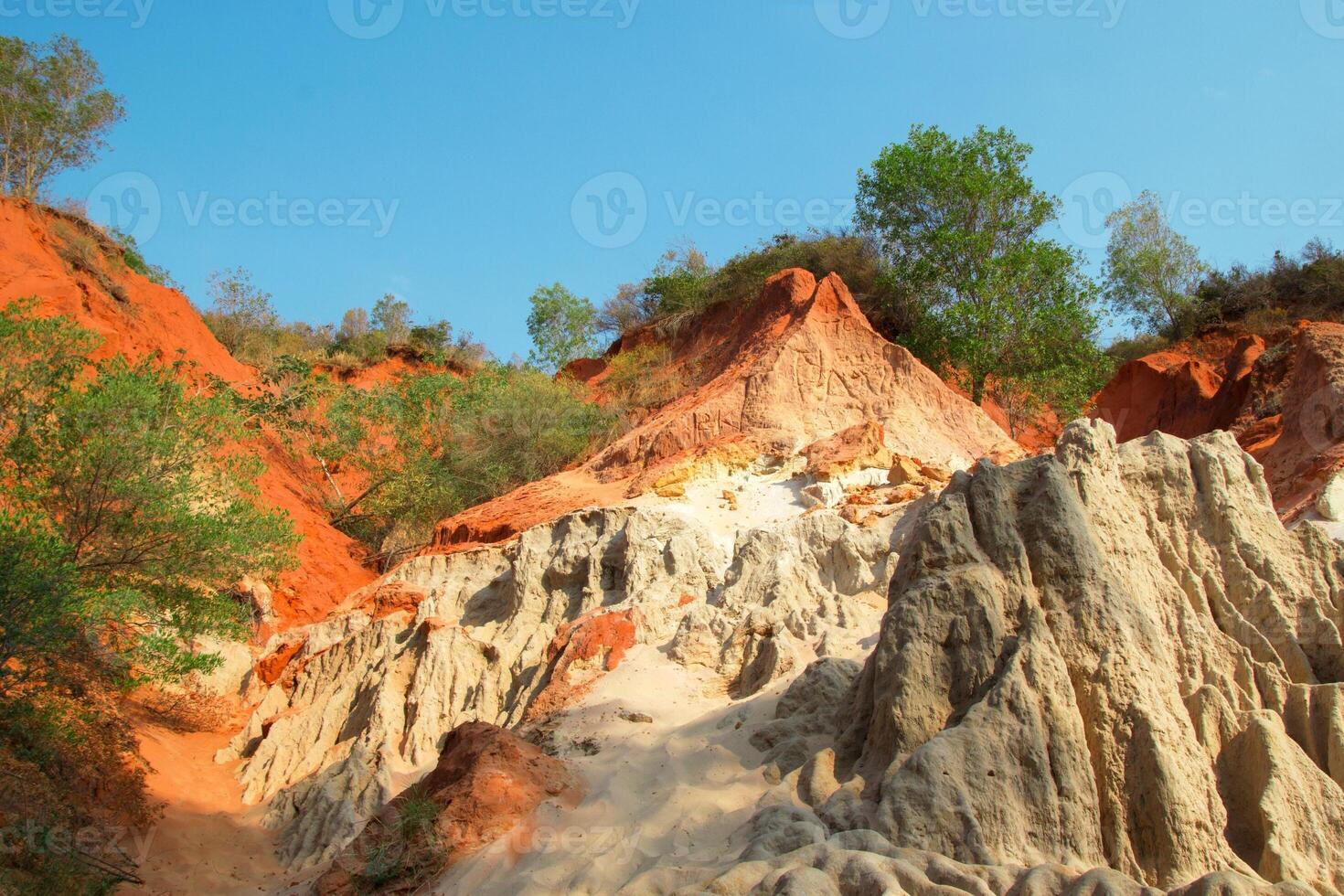 Stunning Red Sandstone Formations Under a Clear Blue Sky. Mui Ne, Vietnam, Fairy Stream. photo