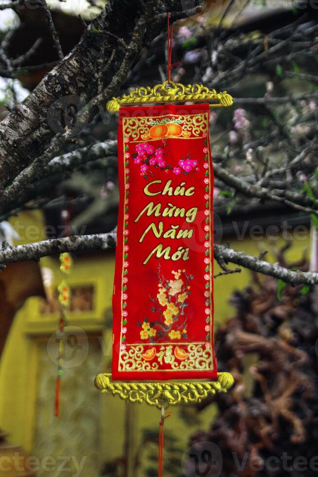Chuc Mung Nam Moi Decoration Hanging on Tree for Vietnamese Lunar New Year Celebration. photo