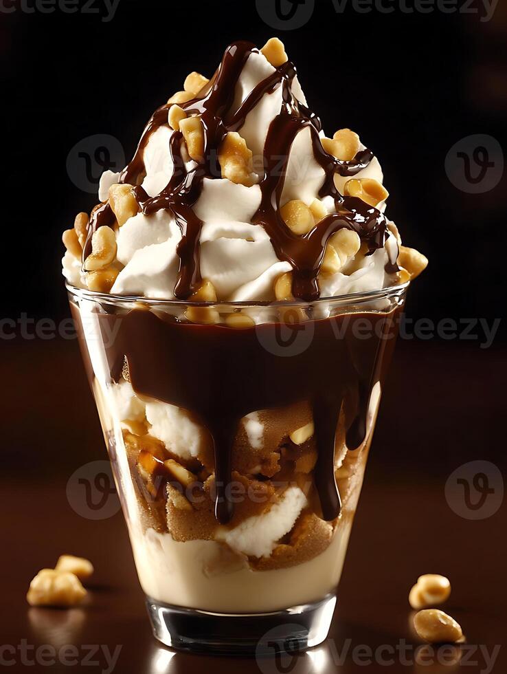 Ice Cream Topped with Peanuts and Chocolate Sauce photo