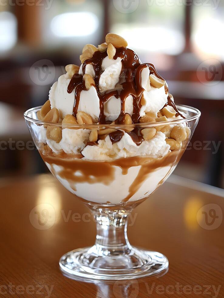 Coconut Ice Cream Topped with Chocolate Sauce. photo