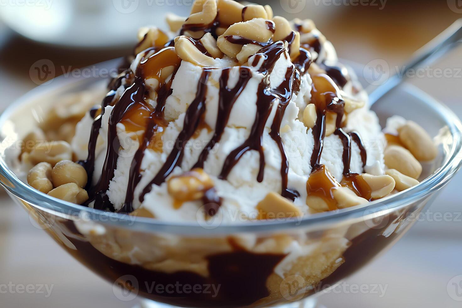 Coconut Ice Cream Topped with Peanuts and Chocolate Sauce. photo