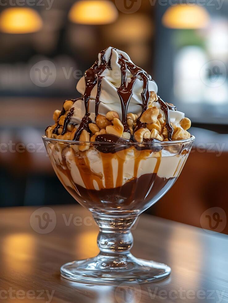 Coconut Ice Cream Topped with Peanuts and Chocolate Sauce photo