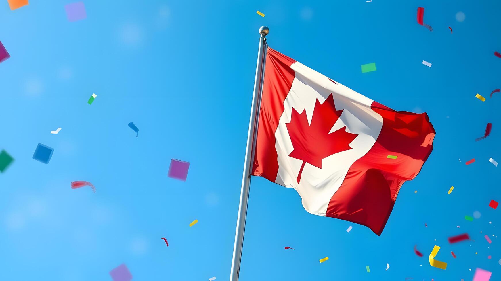 A vibrant, festive scene of a national flag waving against a clear blue sky with confetti falling. photo