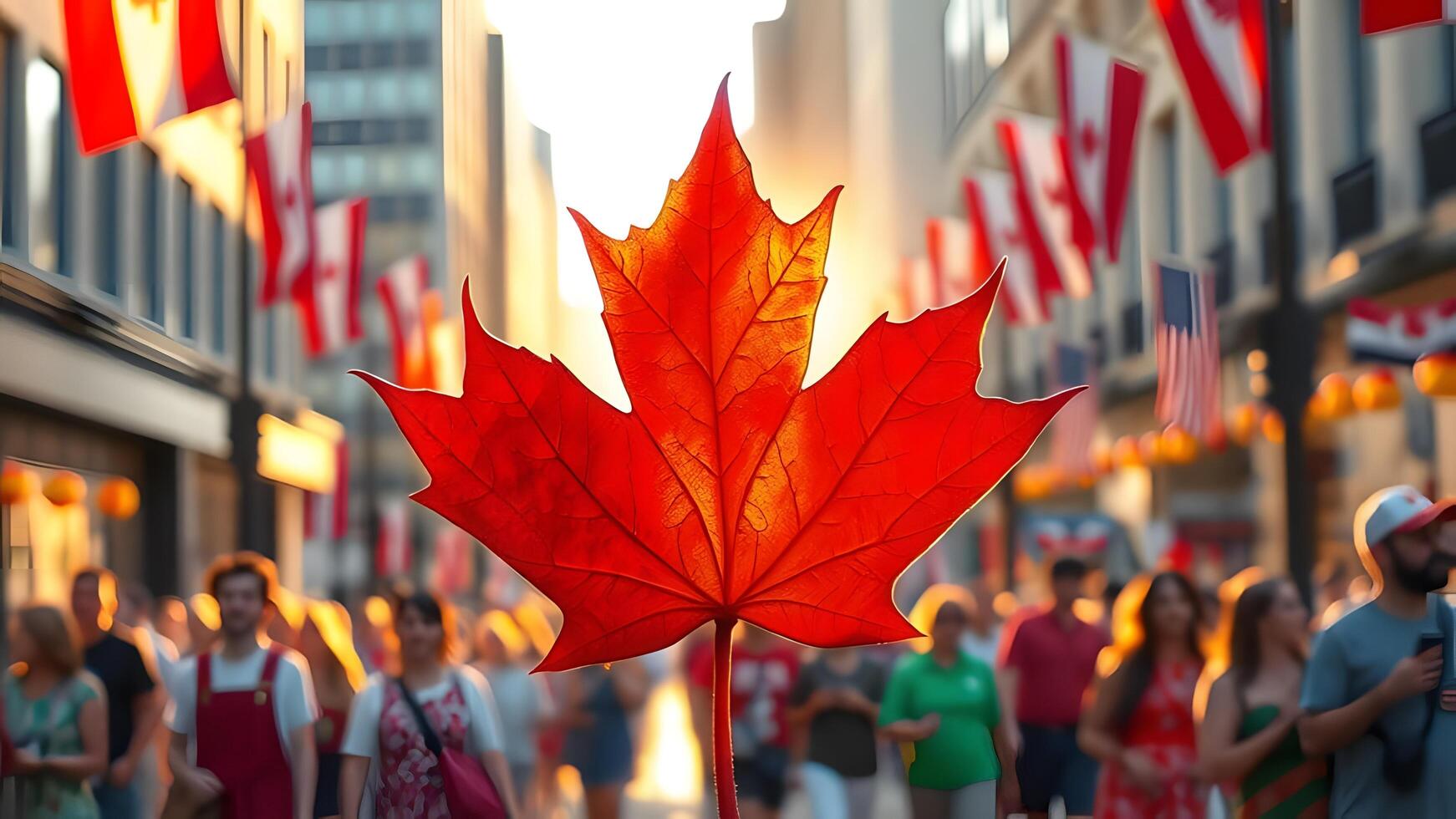 A vibrant red maple leaf stands out against a city street decorated with national flags and crowds. photo