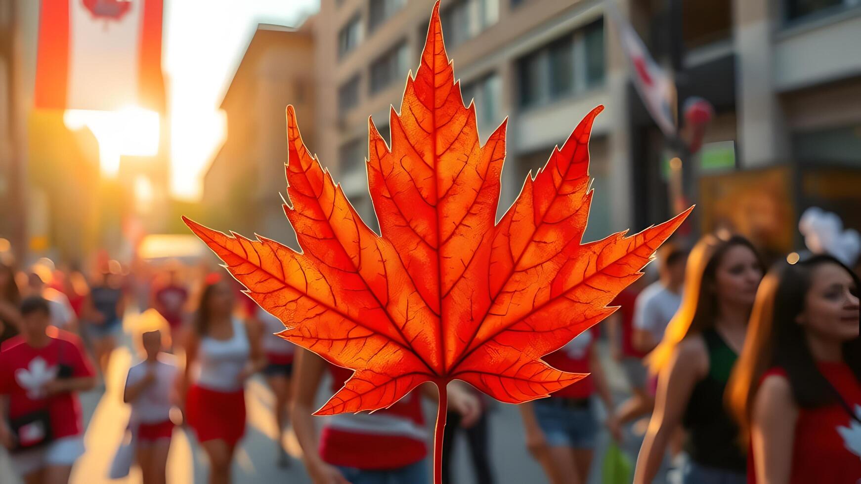 A vibrant maple leaf stands out amongst a crowd, illuminated by a warm sunset during an outdoor photo