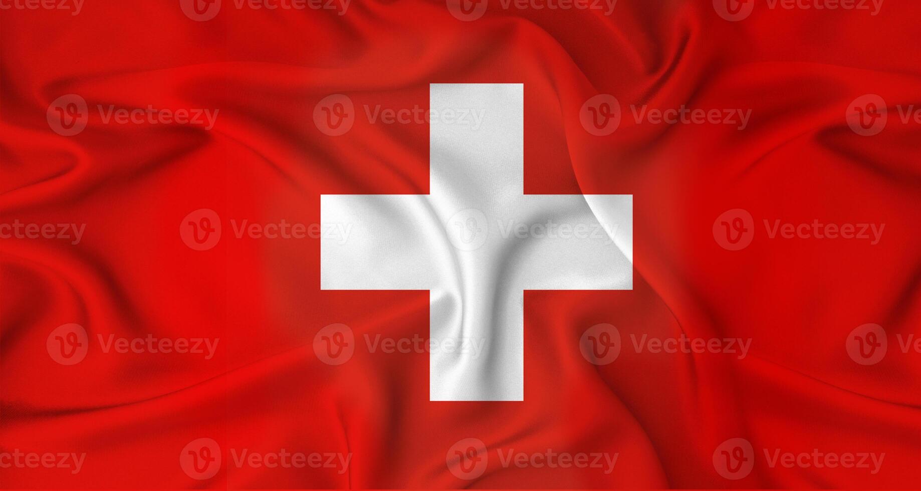 Realistic Switzerland flag waving. Close up of flag of Switzerland with cloth texture photo