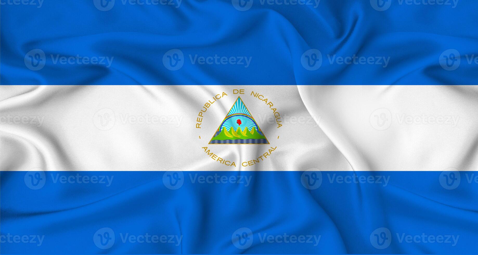 Realistic Nicaragua flag waving. Close up of flag of Nicaragua with cloth texture photo