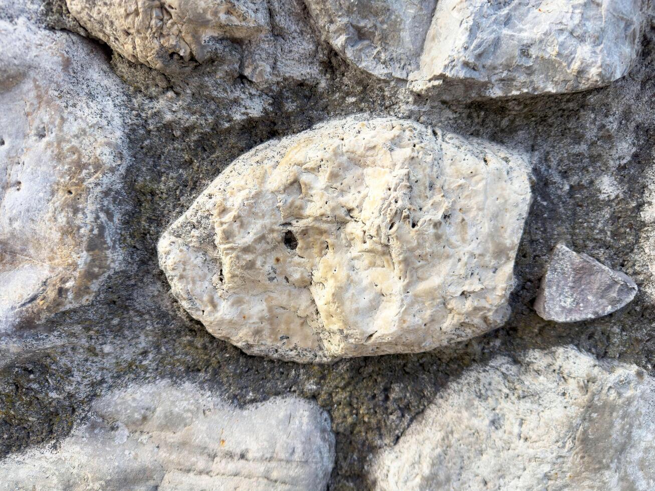 Close-up of natural stone wall texture with rough gray and beige rocks photo