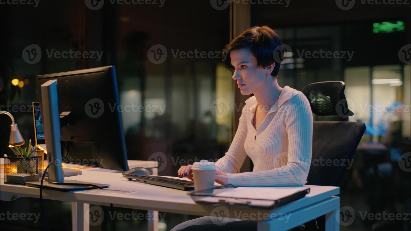 Business man woman cooperation in night office businessman businesswoman argue conflict online trading computer work Caucasian colleagues disagreement stress misunderstanding boss arguing employee photo