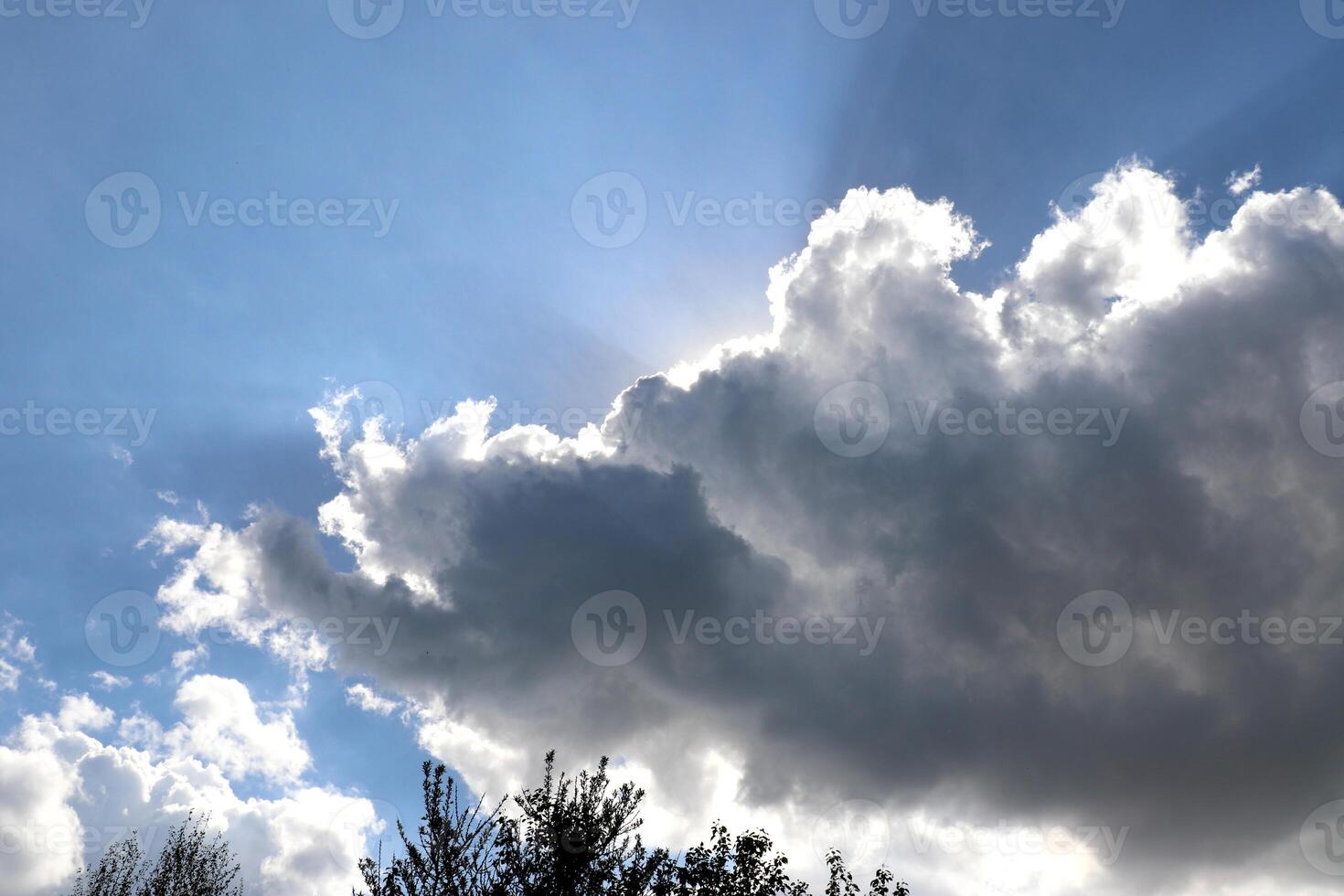 clouds blocking sun- sunlight from behind clouds over tree tops photo