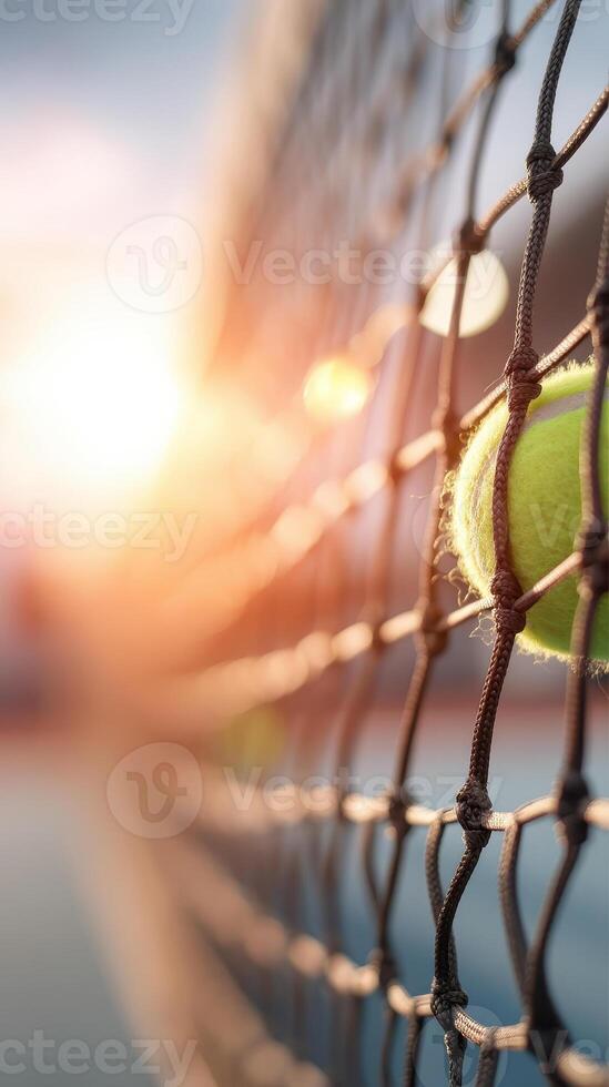 Tennis ball caught in net with warm sunlight and blurred background creating dynamic and energetic sports scene photo