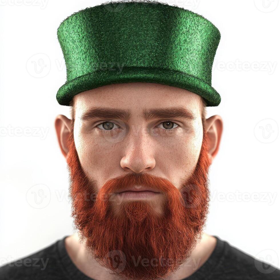 Close up portrait featuring a serious redhead man with a long beard, donning a festive St. Patrick's Day hat, celebrating the vibrant Irish culture and rich traditions photo