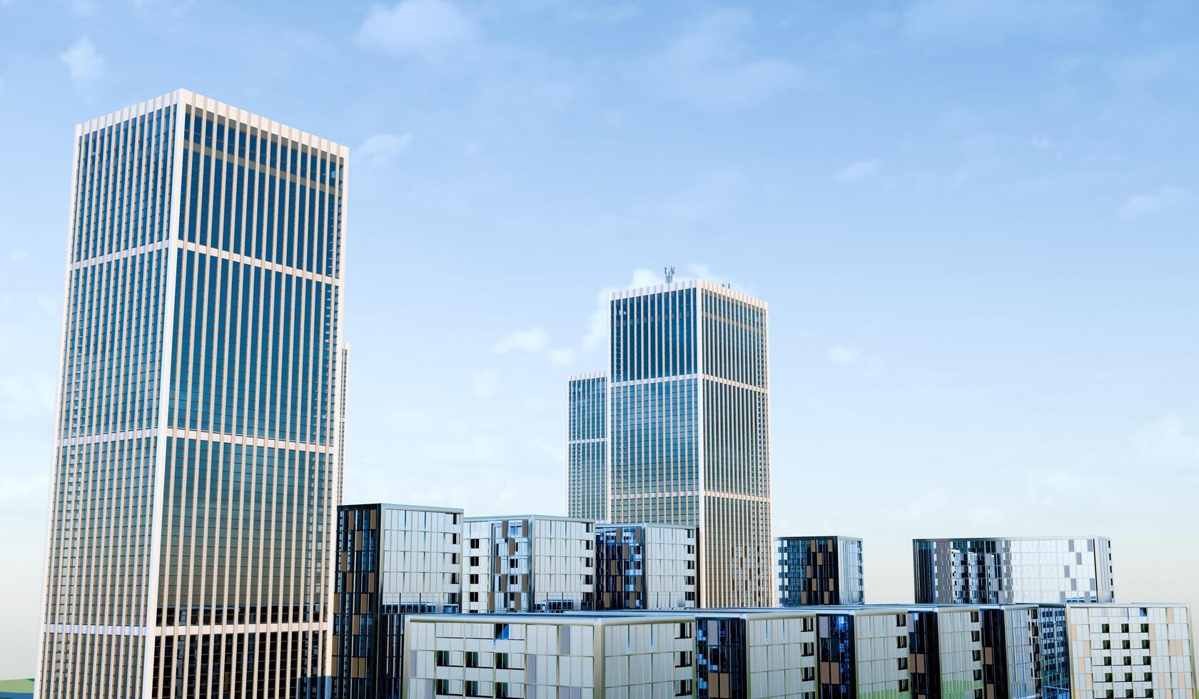 rise building, sky background, city, glass building, 3D illustration photo