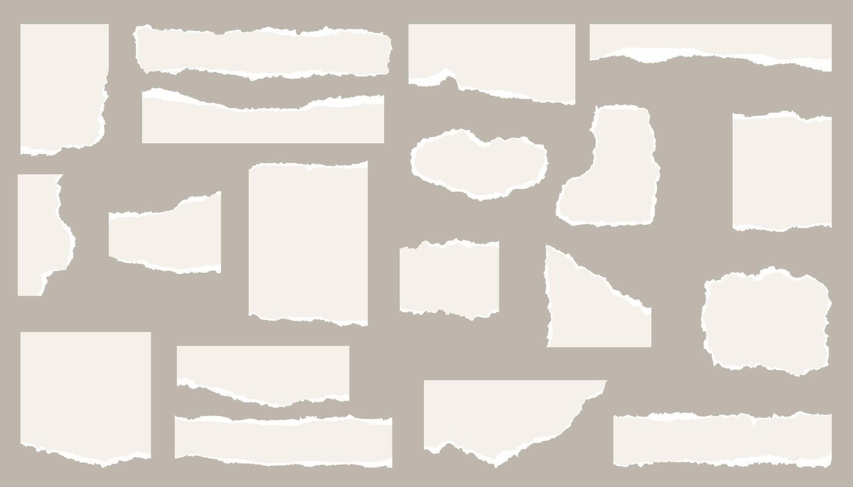 Big set of white torn paper sheet, ripped newspaper strip, retro texture background, text message banner, sticky note and grunge notebook page collage with uneven edge, Torn paper vector