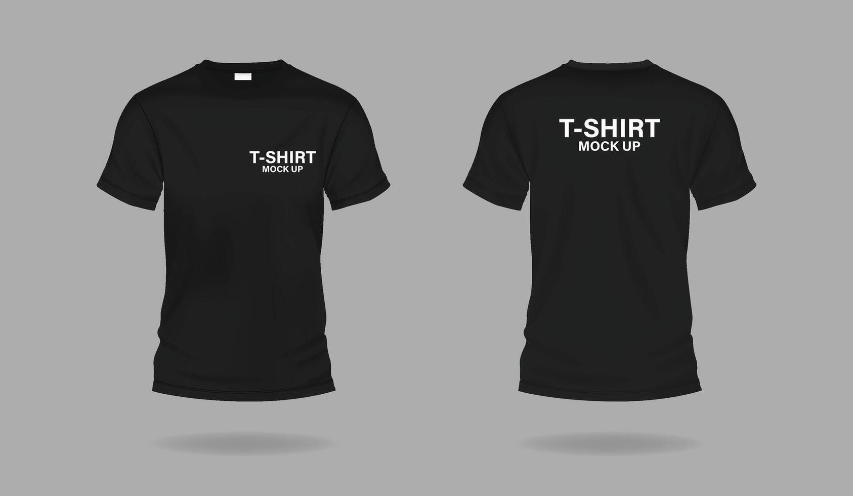 Black t-shirts with copy space realistic illustration set. Casual apparel with print mockup template 3d objects on grey background vector