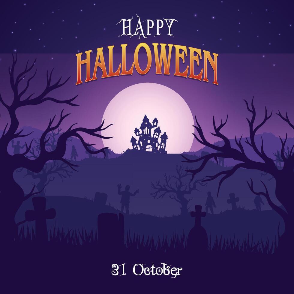 Halloween Spooky Nighttime Scene Horizontal background with full moon, witch castle, evil trees, graves, zombies. Happy Halloween scary design. Halloween banner, party invitation vector