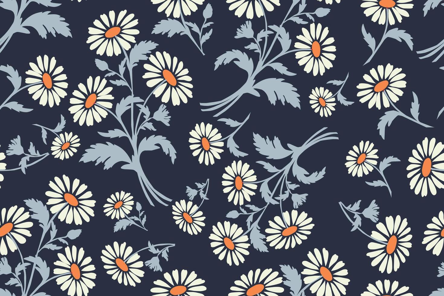 Pretty daisy floral print, flower seamless on dark blue background vector