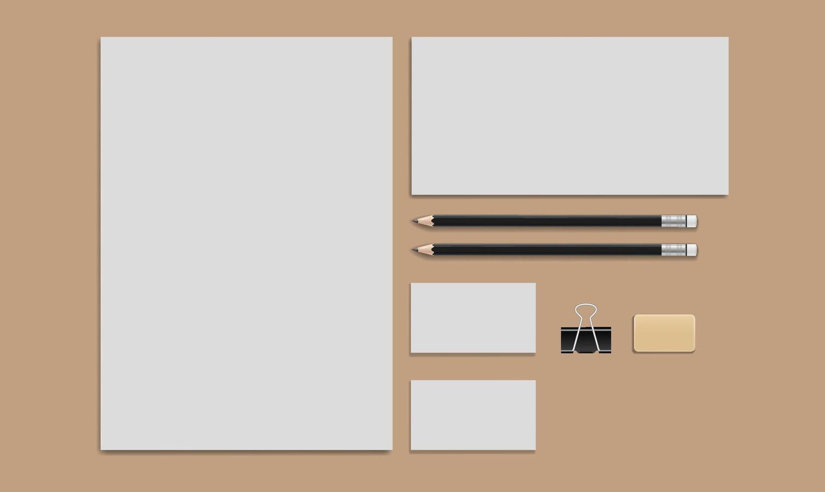 3d letterhead, envelope, pencils and blank business cards on brown background. vector