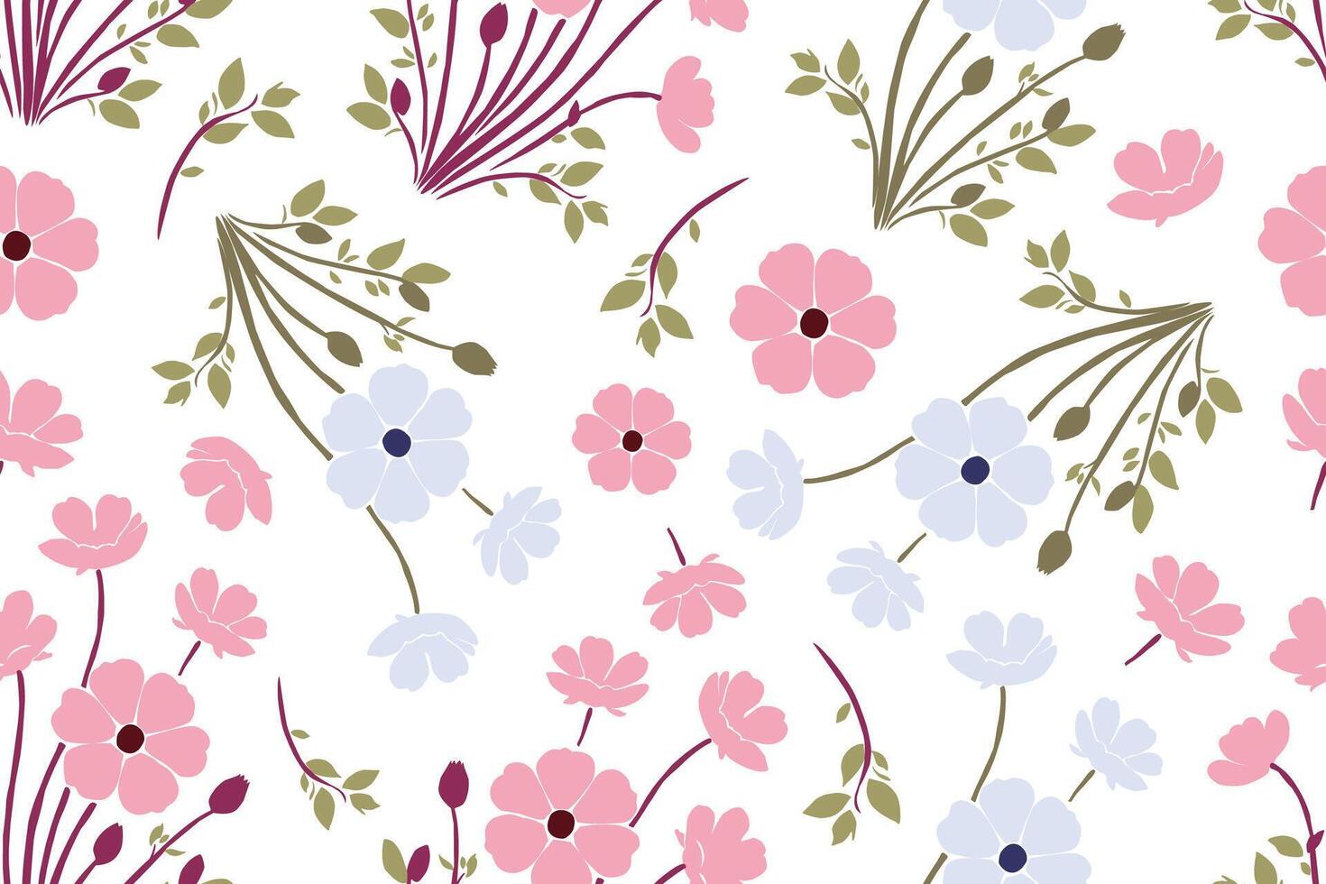 Leaves and flower seamless pattern wallpaper, greenery on white background. hand draw style. vector