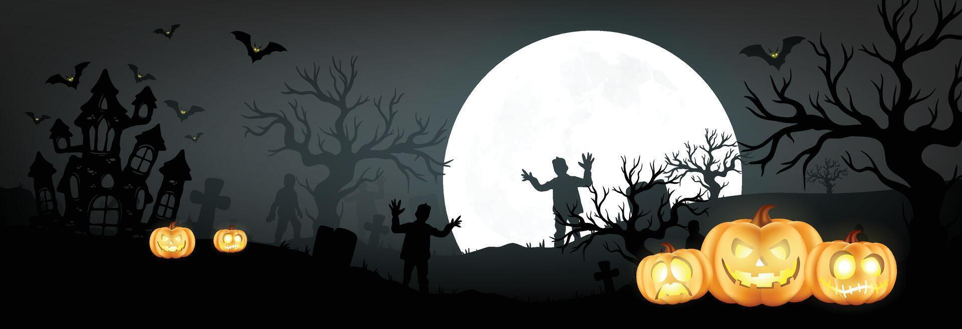 Happy Halloween, tree scary, castle, pumpkins, bat flying, ghost banner design on moonlight dark blue background vector