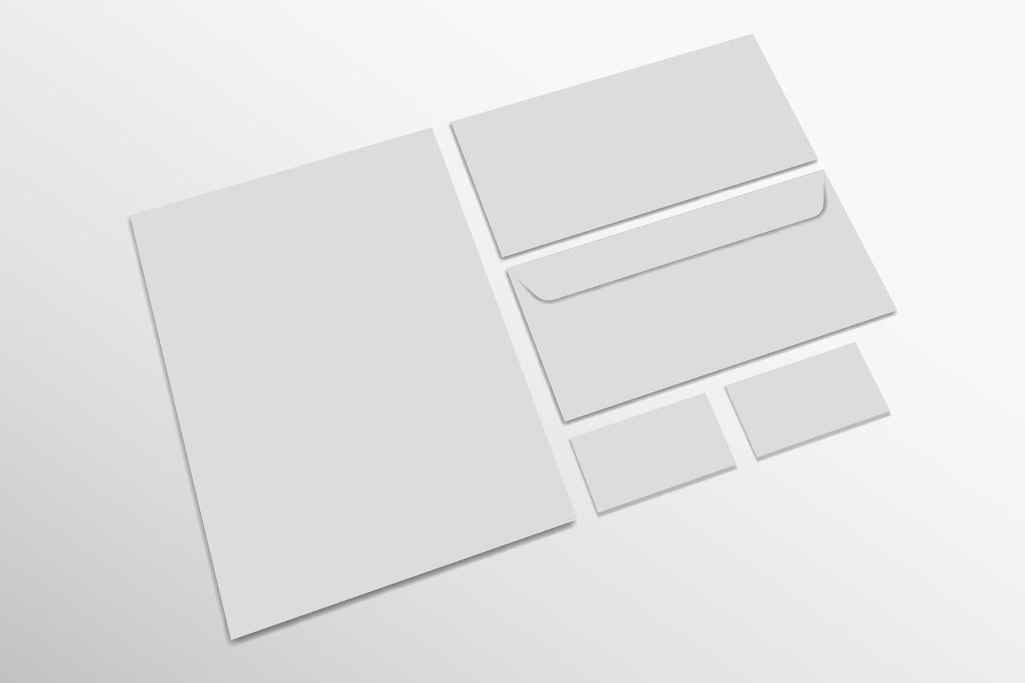 Blank 3d illustration mockup letter, business cards and envelopes for business branding promoting vector