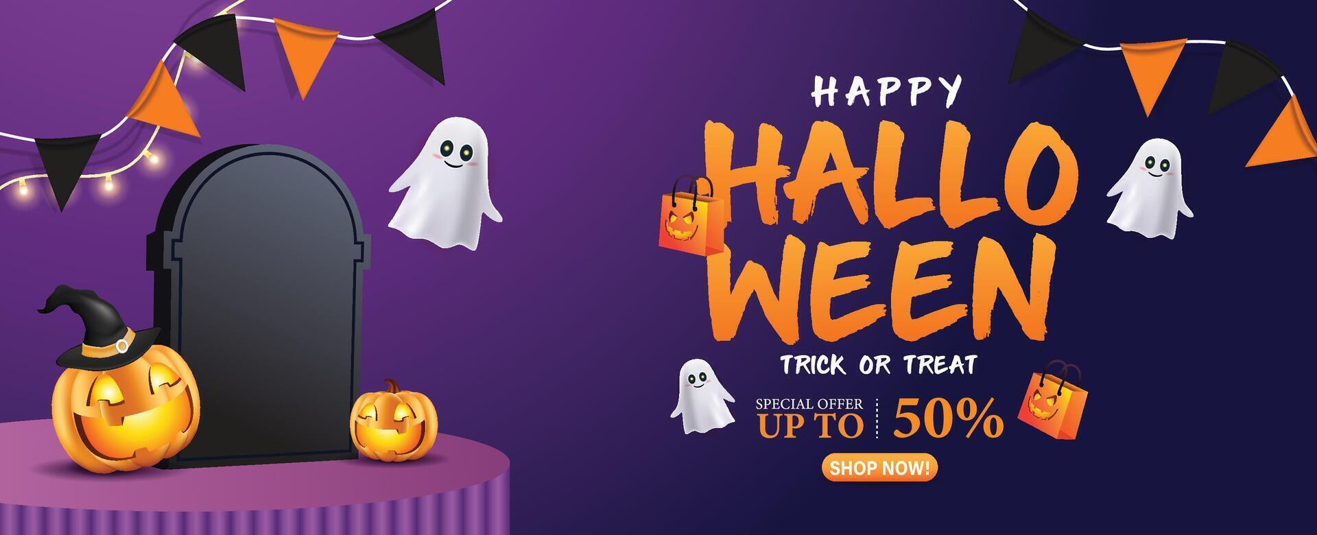 Halloween sale with pumpkins and ghosts vector