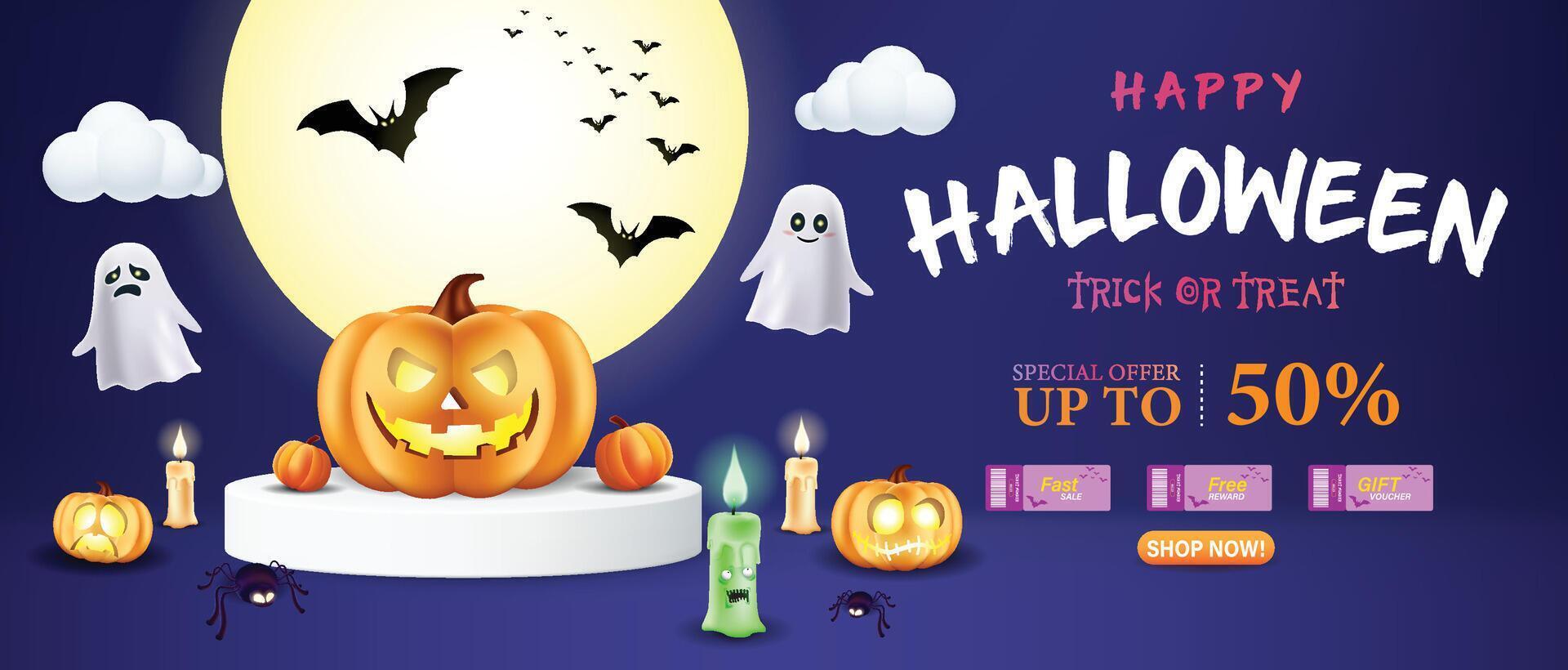Halloween pumpkin with ghosts and bats vector