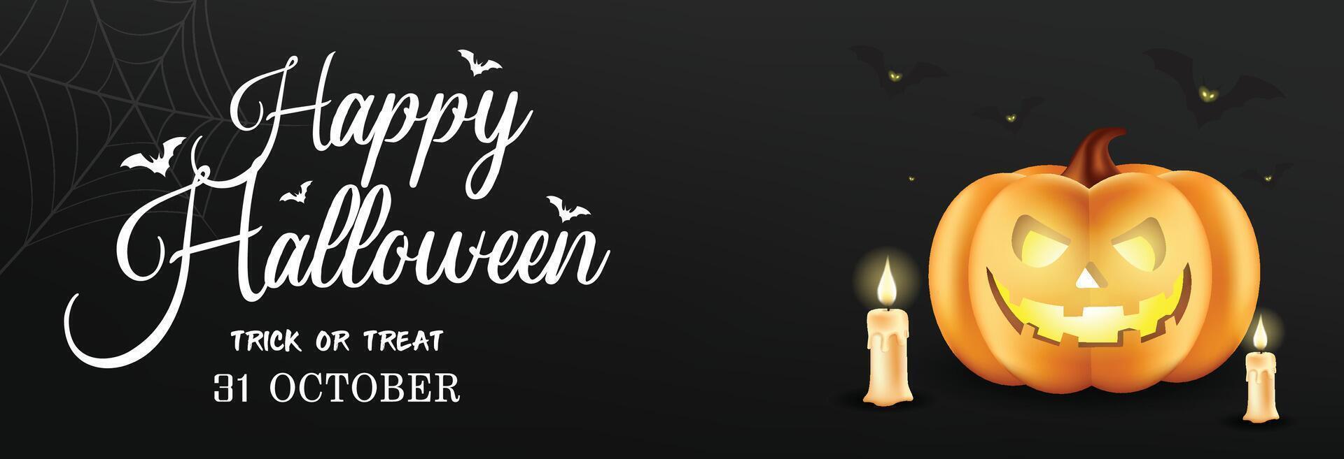 Happy Halloween banner. Festive background with realistic 3d black pumpkins with cut scary smile and flying bats. Horizontal holiday poster, header for website. vector