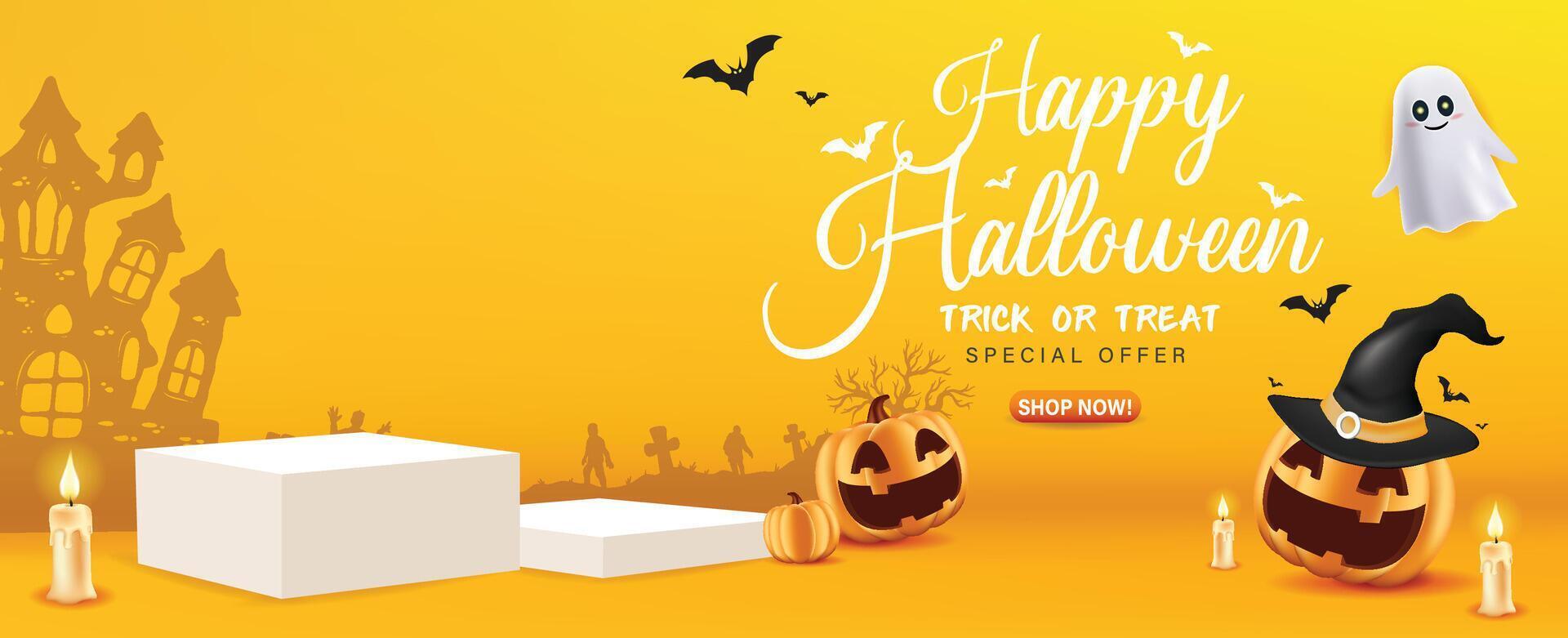 3d Happy Halloween sale orange podium, pumpkin, ghost, candle, and bat on orange poster flyer design background vector