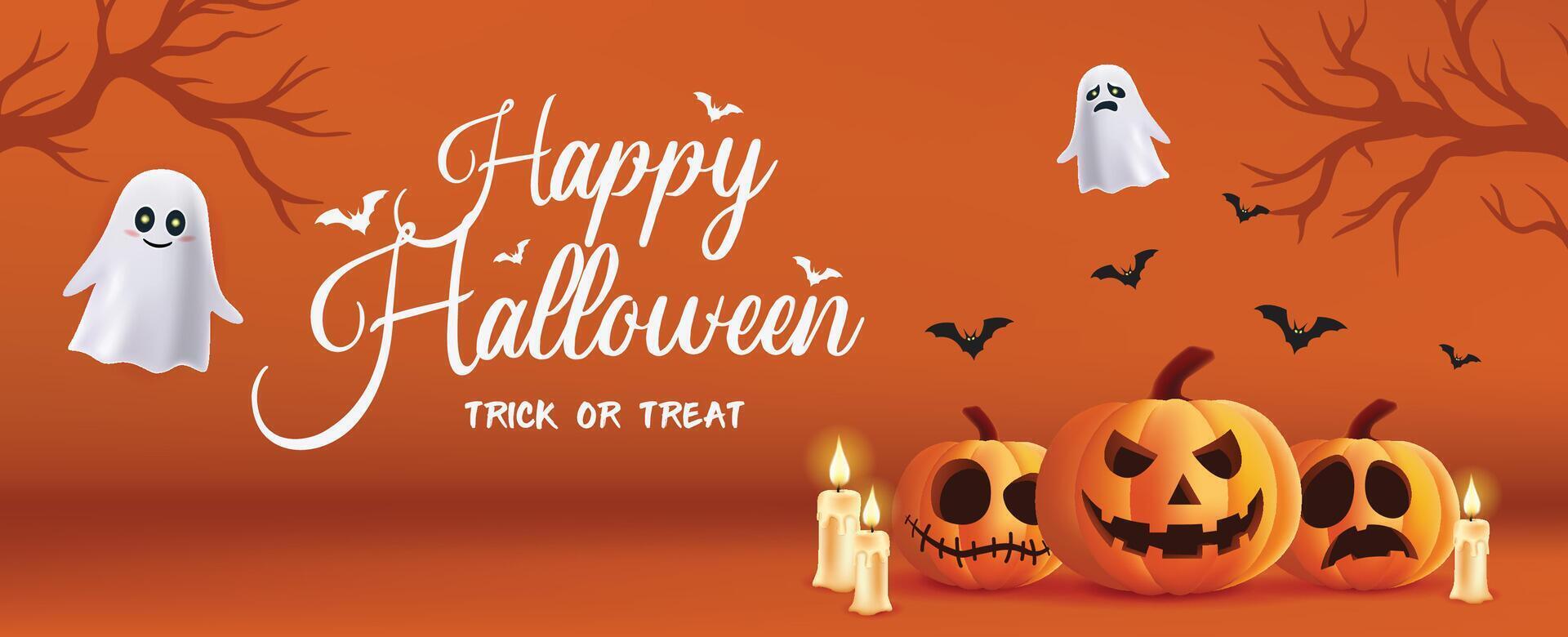 3d Halloween party background design. Happy halloween typography text with ghost and jack o lantern in scary yard for trick or treat night celebration. vector