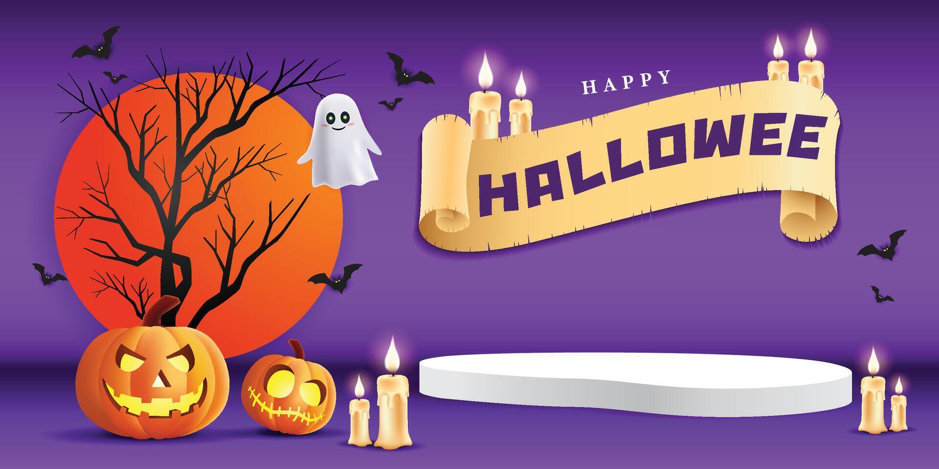 3d Happy Halloween podium, pumpkin, candle, white ghost and bat on violet banner design background vector