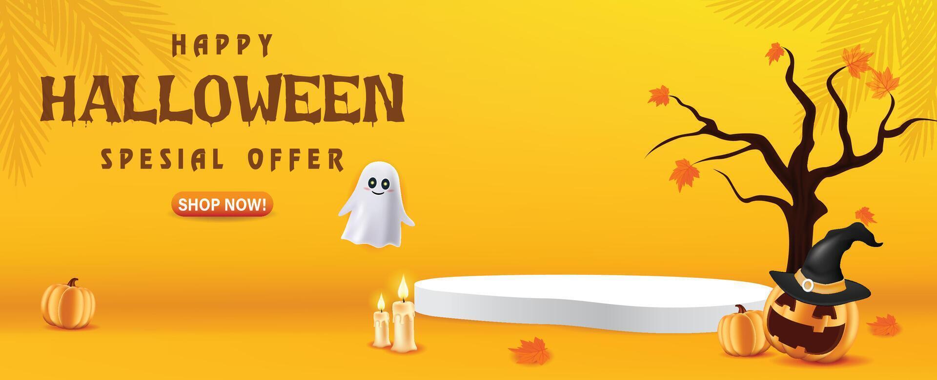 3d Happy Halloween sale podium, pumpkin, ghost, candle, and bat on orange poster flyer design background vector