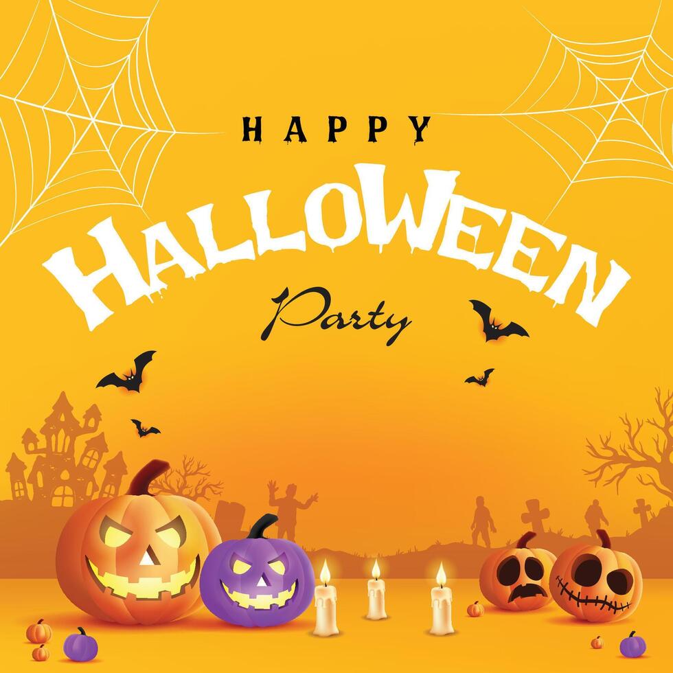 3d Happy Halloween pumpkin, candle, white ghost and bat on yellow banner design background for promotion vector