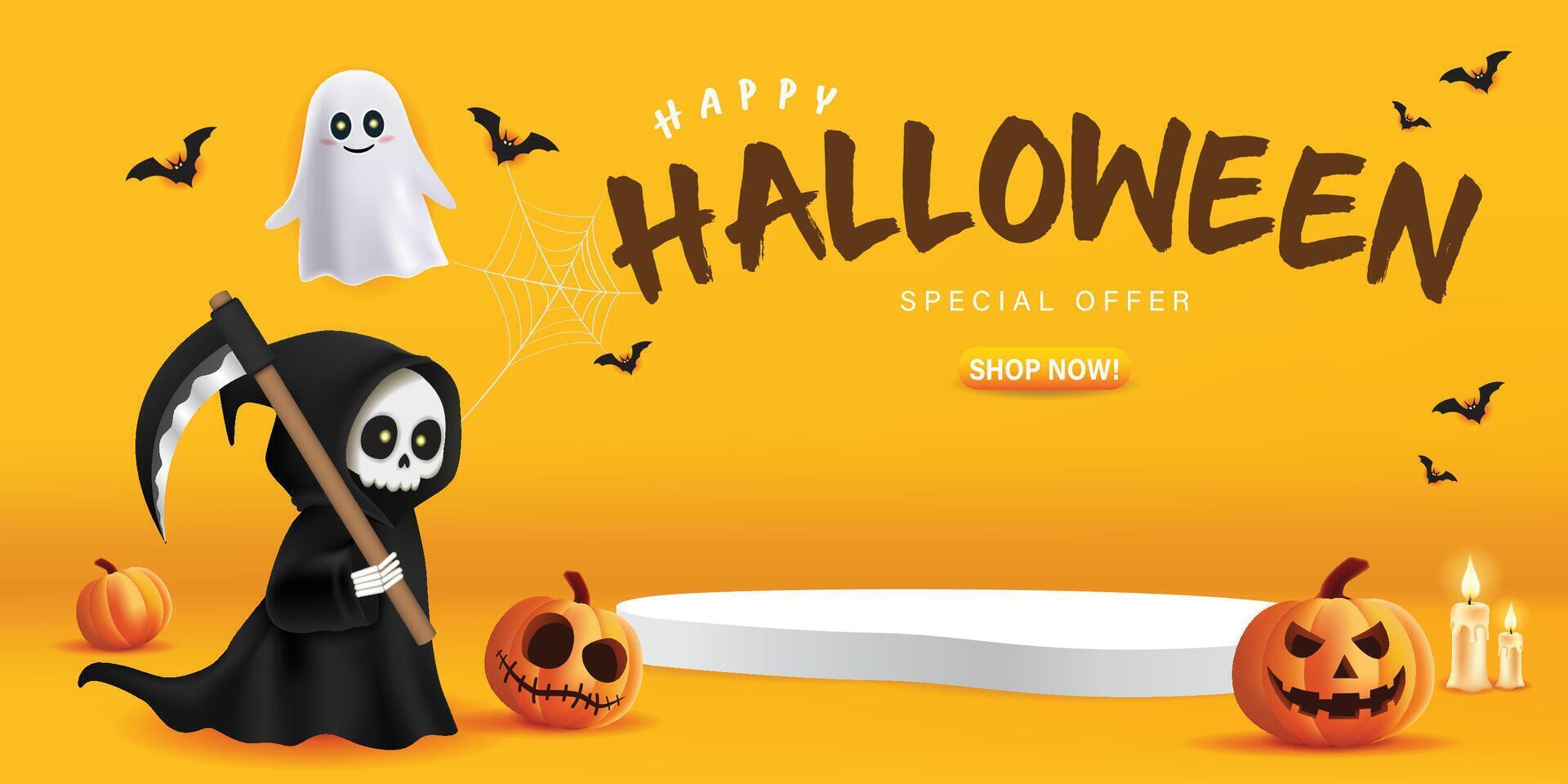 Happy Halloween podium, pumpkin, grim reaper, candle, white ghost and bat on yellow banner design background vector