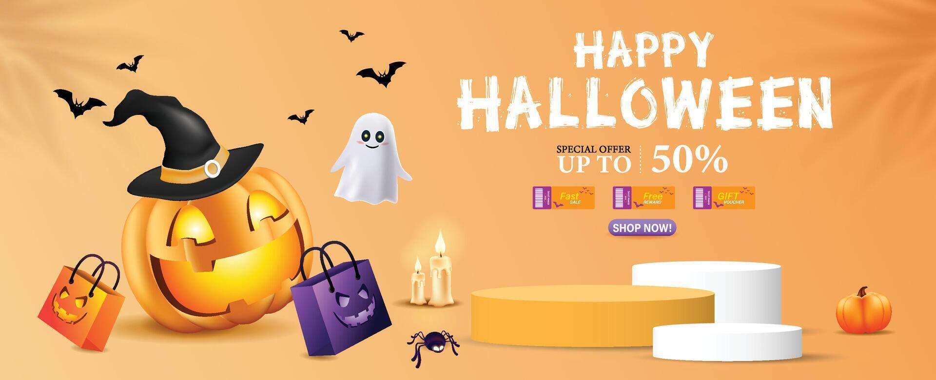 3d Halloween Sale Promotion Poster template with Halloween pumpkins, cute ghost, coupon, shopping bag .Website spooky or banner template. vector