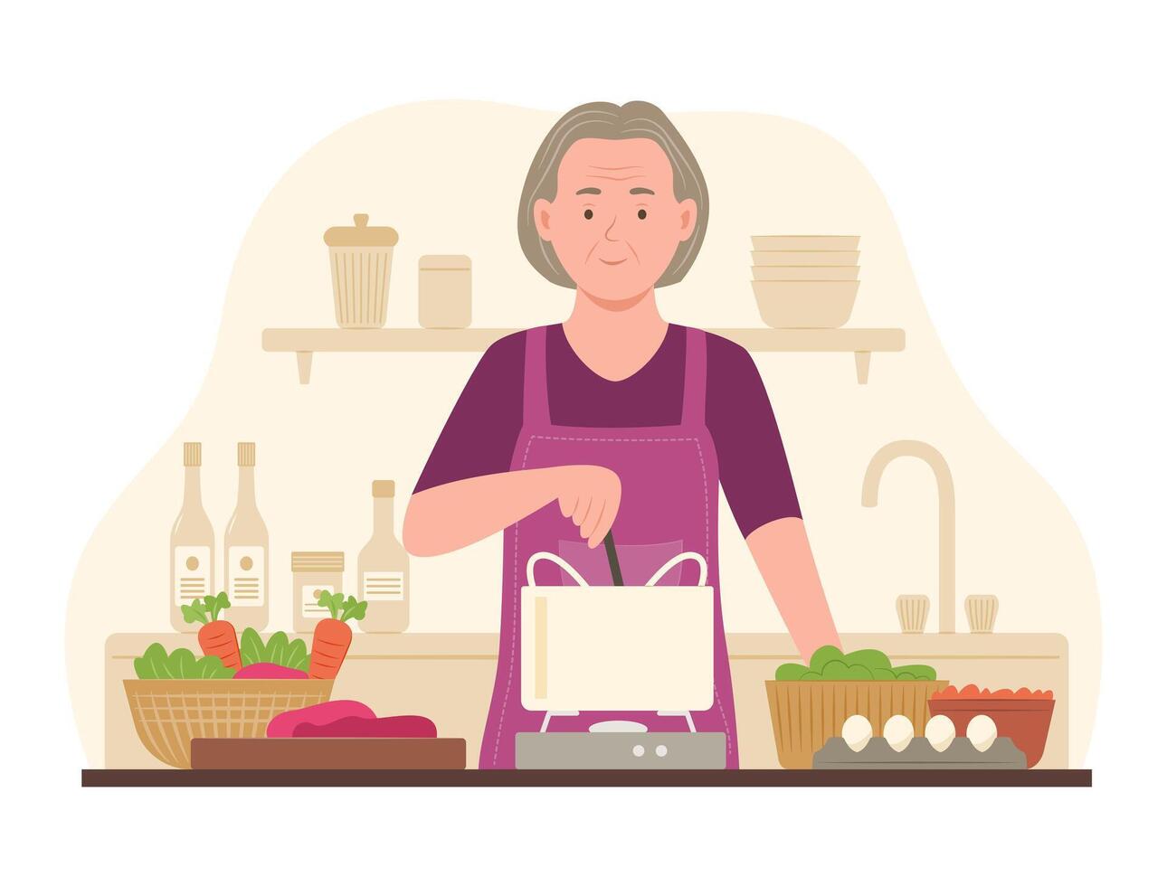Woman cooking in a bright kitchen vector