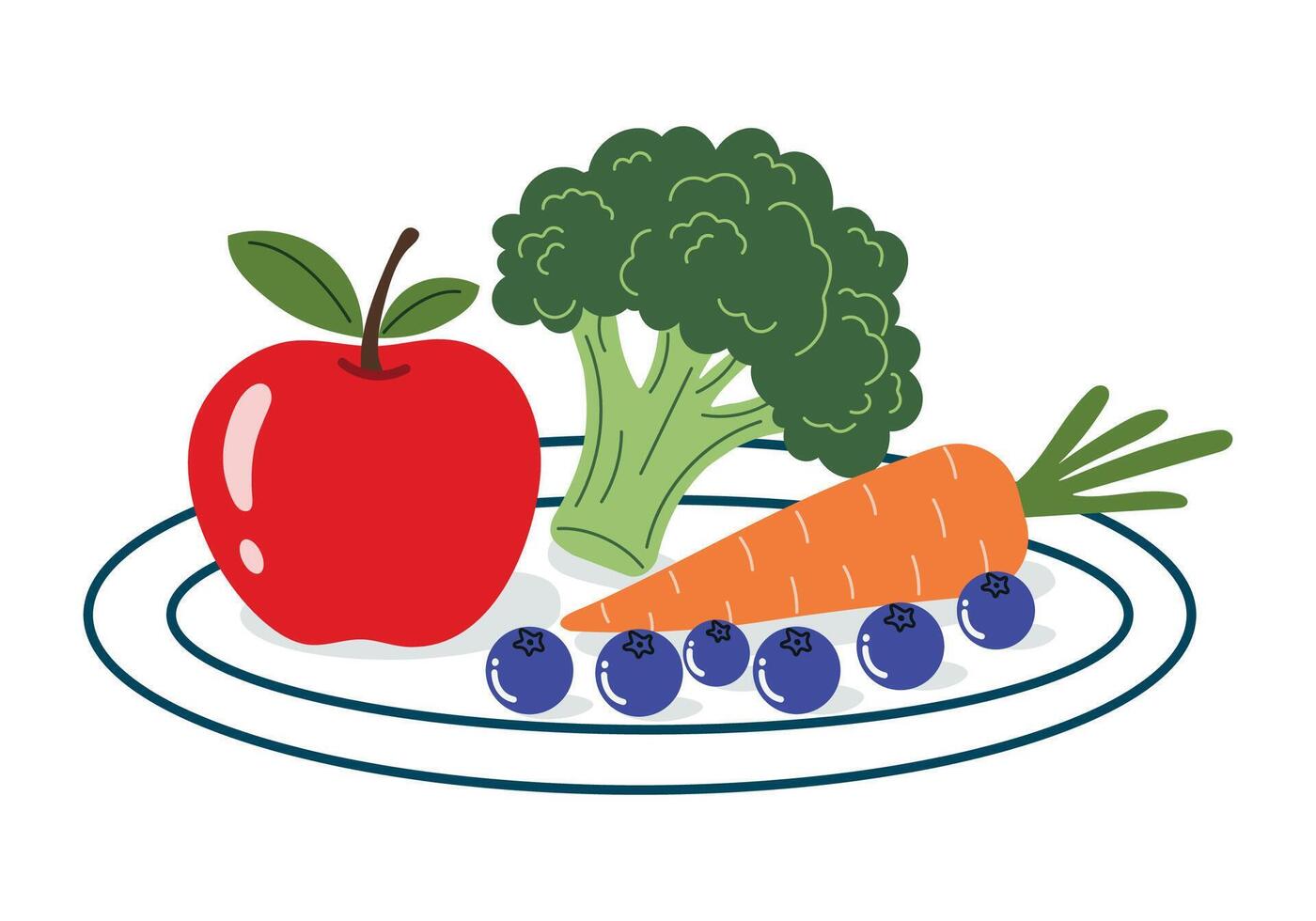 Plate with fruits and vegetables. Healthy lifestyle. Healthy food - apple, carrot, broccoli, blueberry. Hand-drawn flat healthy food elements collection vector