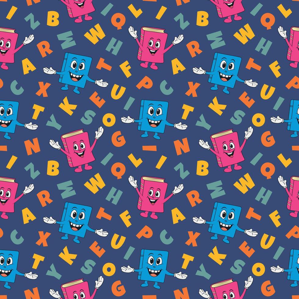 Back to school doodle seamless pattern. School background. Repeating pattern with books and letters. Alphabet pattern vector