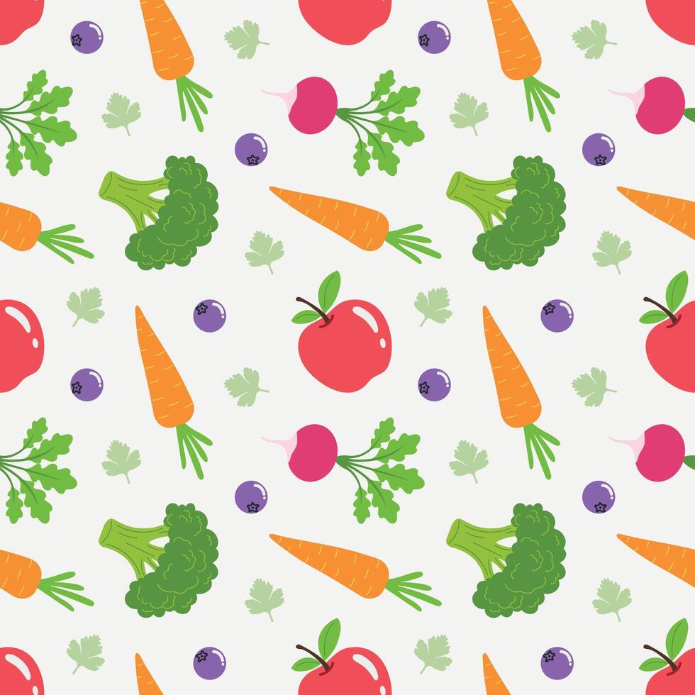 Seamless pattern with vegetables and fruits. Healthy food repeating pattern. Vegetables and fruits endless. Seamless pattern with hand drawn vegetables, fruits and berries vector