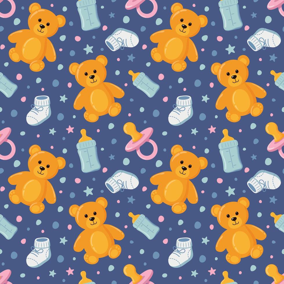 Pattern of teddy bears and baby items vector