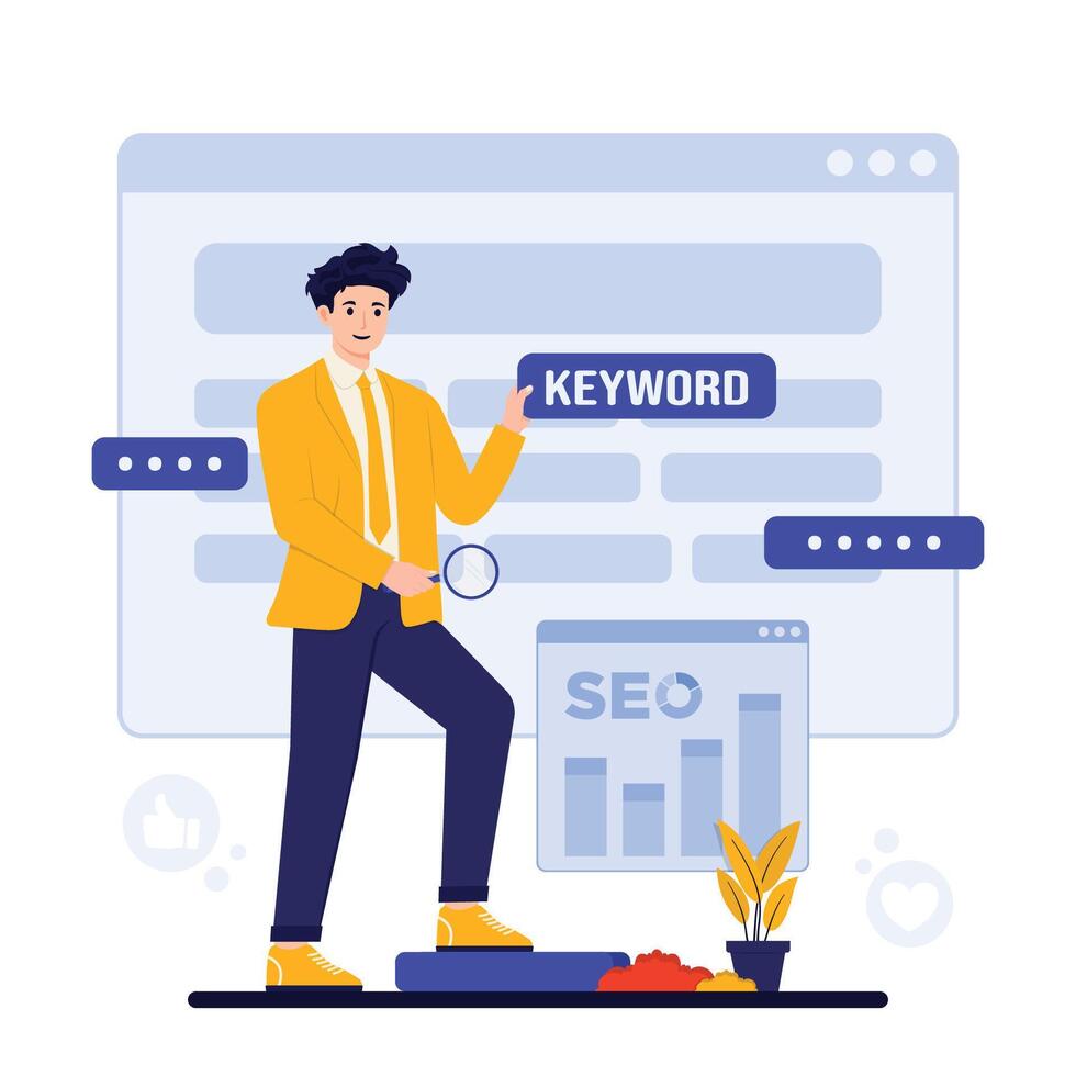 seo optimization, SEO optimization. with magnifying glass in hand. Search engine optimization concept. illustration in flat style vector