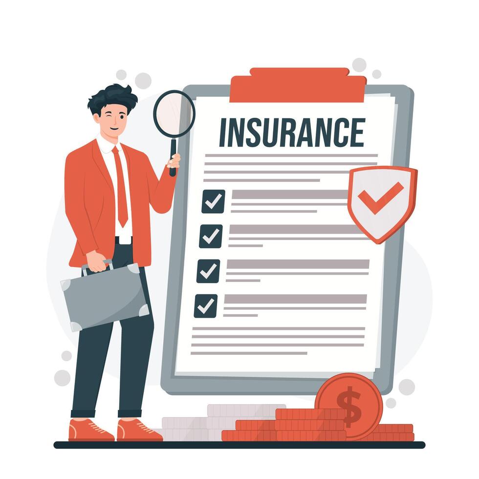 Insurance concept. Man with magnifying glass and document. illustration in flat style vector