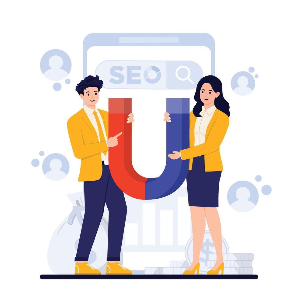 seo optimization, SEO optimization. Businessman and businesswoman with huge magnet attracting money. vector