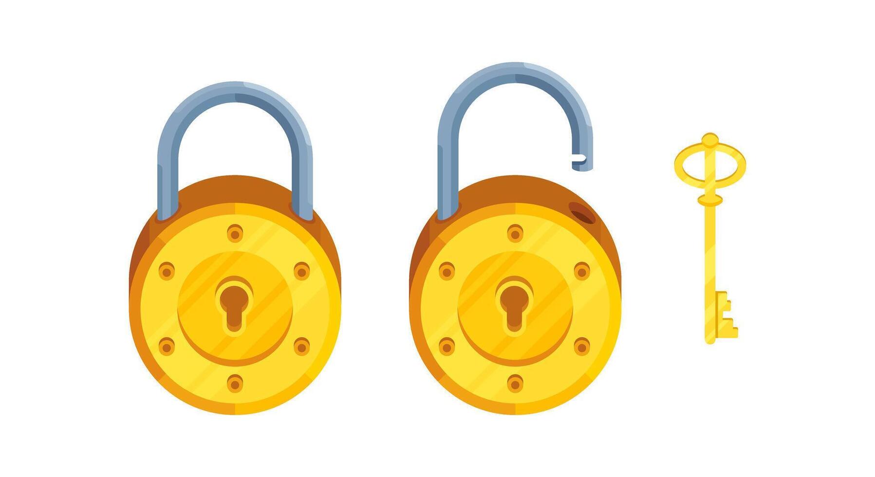 Illustration of detailed round locks with open and closed lock and key vector