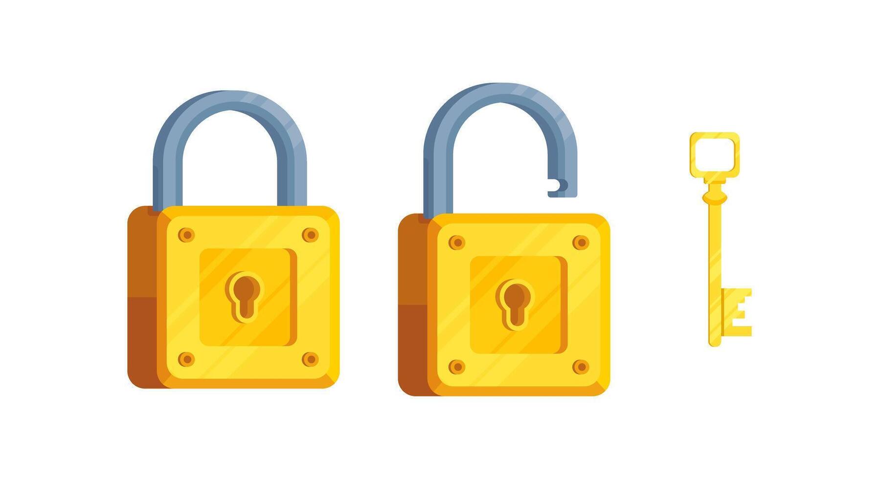 Yellow Illustration of detailed locks with open and closed lock and key vector