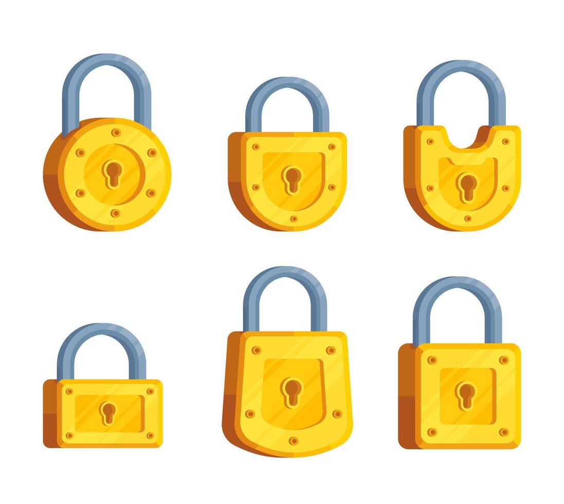 Set of illustrations of yellow locks of different shapes in yellow color in modern detailed style vector